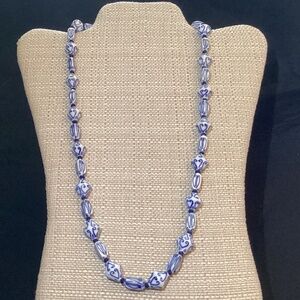Vintage old Chinese porcelain beaded necklace blue white oblong round beads